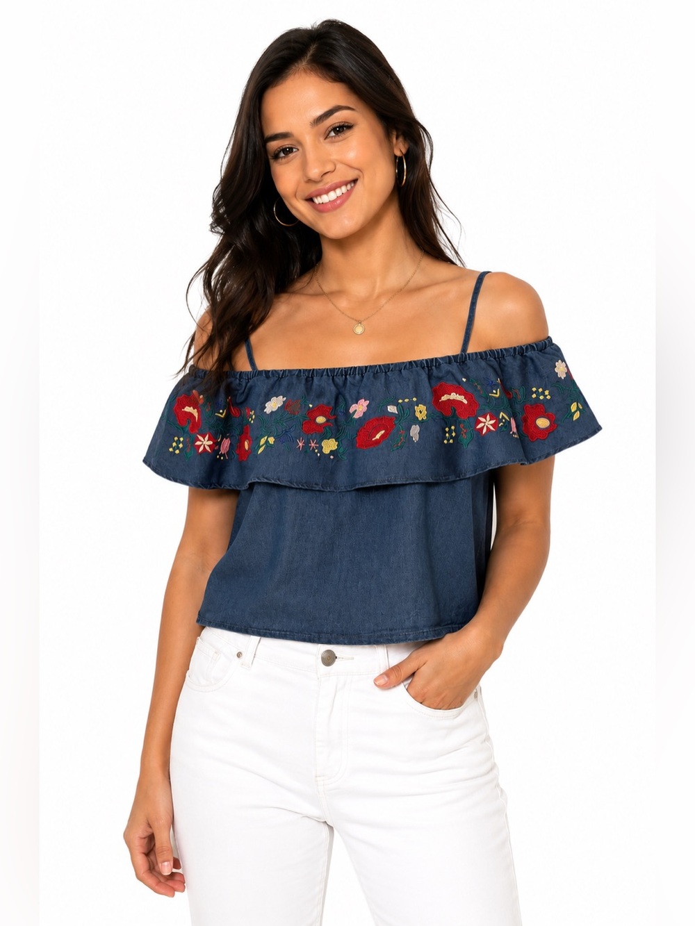 ⭐️ Ci Sono ($50) Floral Embroidered Off-The-Shoulder Denim Top - PTP 21